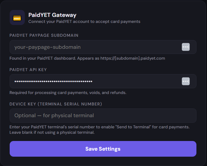 PaidYET Gateway Settings in Retail POS